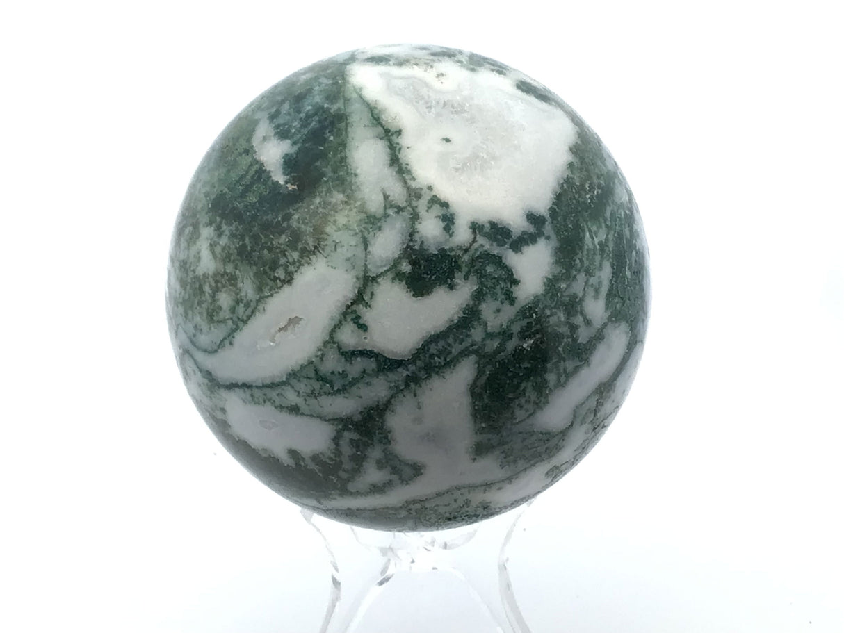 View of Moss Agate Sphere with Lucite Stand
