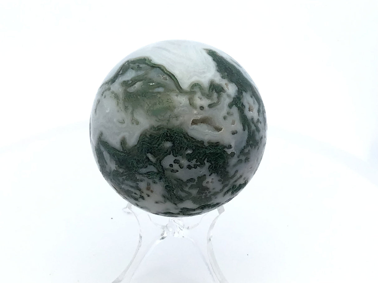 View of Moss Agate Sphere with Lucite Stand