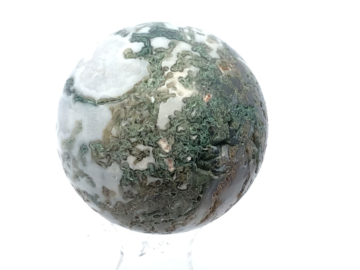 View of Moss Agate Sphere with Lucite Stand