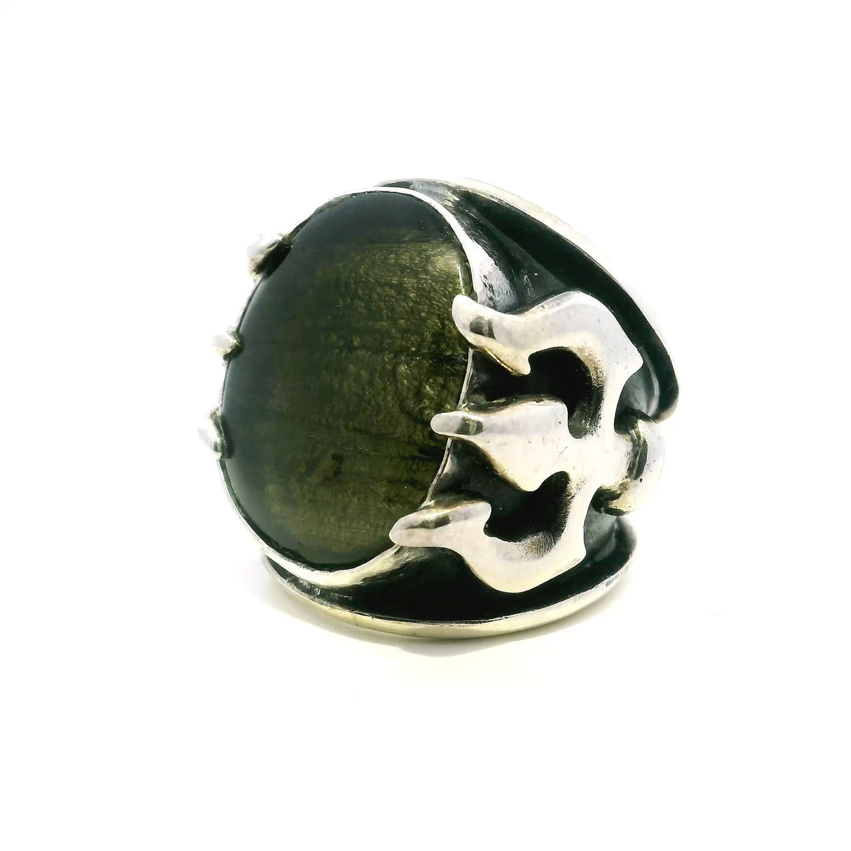 View of Moldavite Ring - Low Profile Cabochon on Trident Band with Linear Striations Sz8