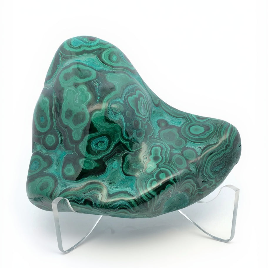 View of Chrysocolla Malachite Polished Freeform from Congo with Lucite Stand
