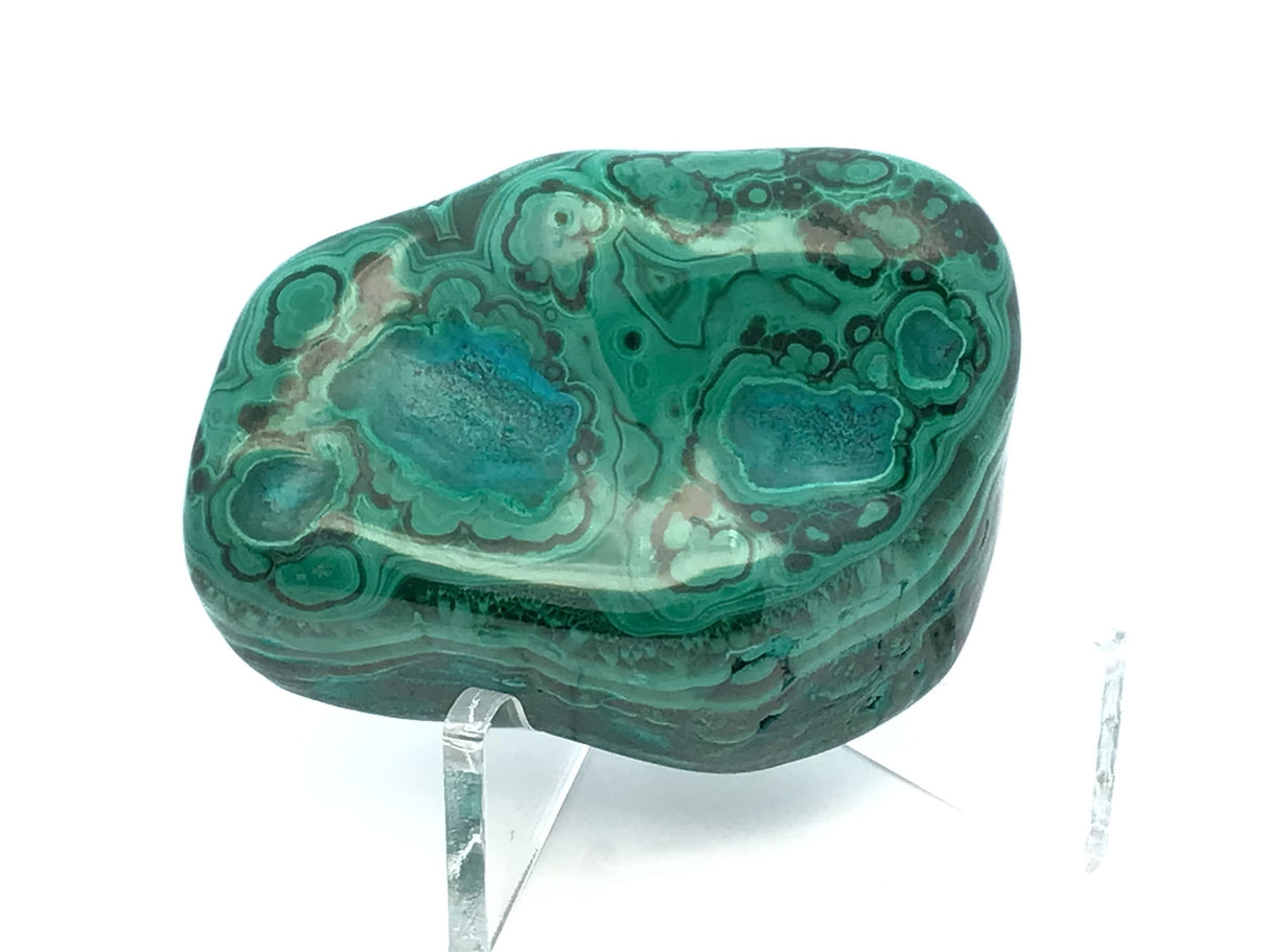 View of Chrysocolla Malachite Polished Freeform from Congo with Lucite Stand - 2 Blue Eyes & 2 Hills on Opposite Side