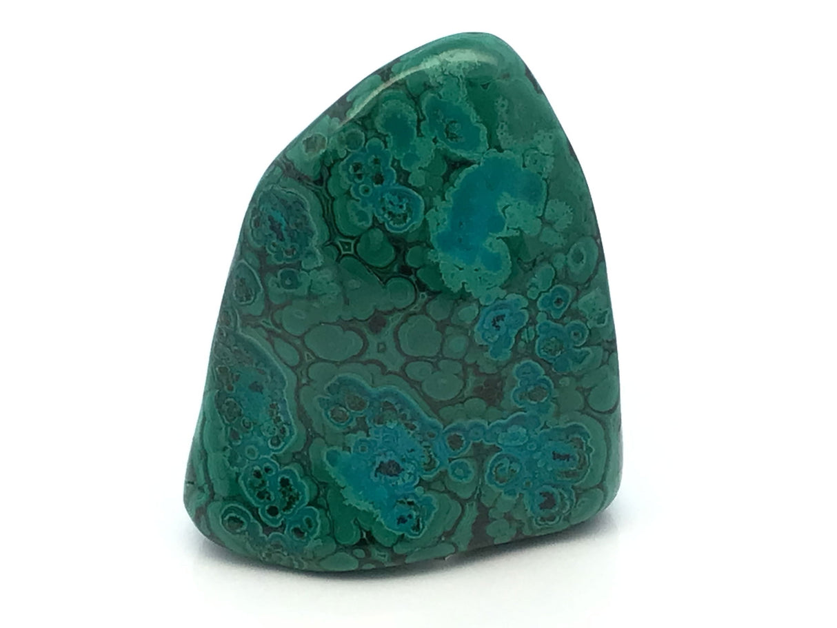 View of Chrysocolla Malachite Polished Freeform from Congo with Lucite Stand - Triangular Shape with Blue & Green Flowers with Parallel Light & Dark Lines on Sides