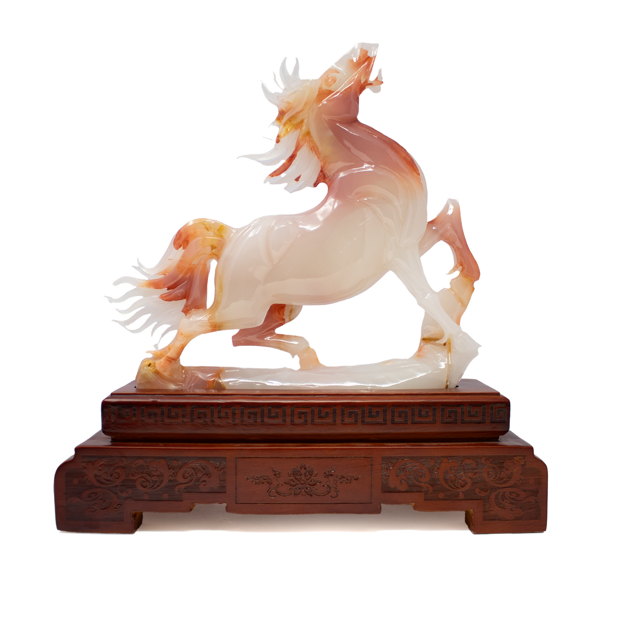 View of A++ Red Onyx Horse Carving on Wooden Base from China