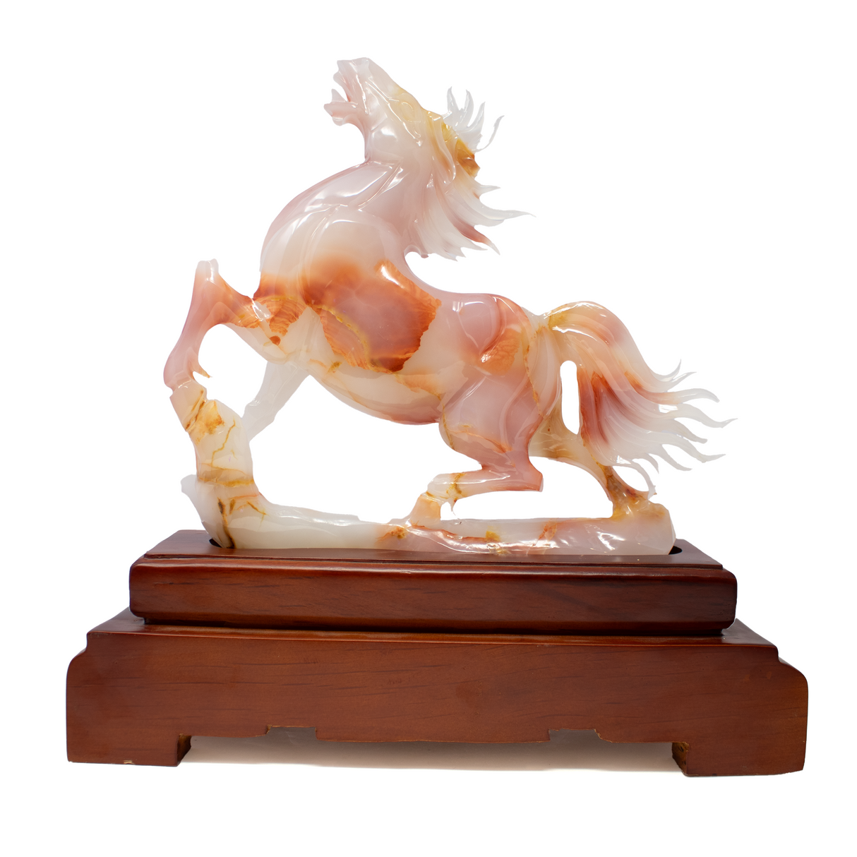 A++ Red Onyx Horse Carving on Wooden Base from China