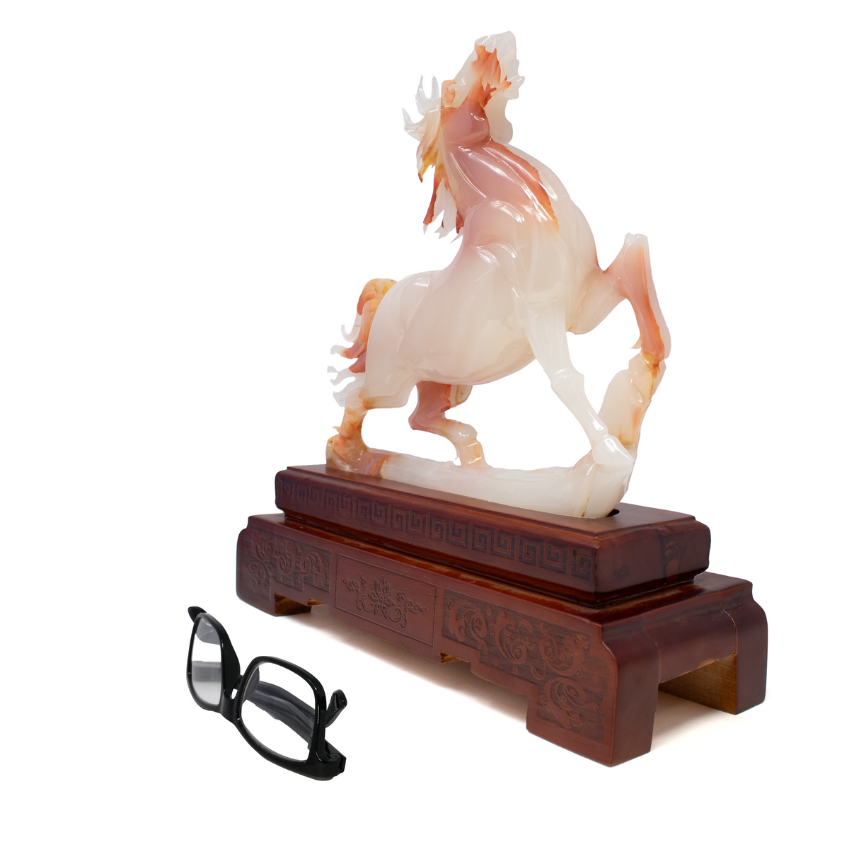 A++ Red Onyx Horse Carving on Wooden Base from China