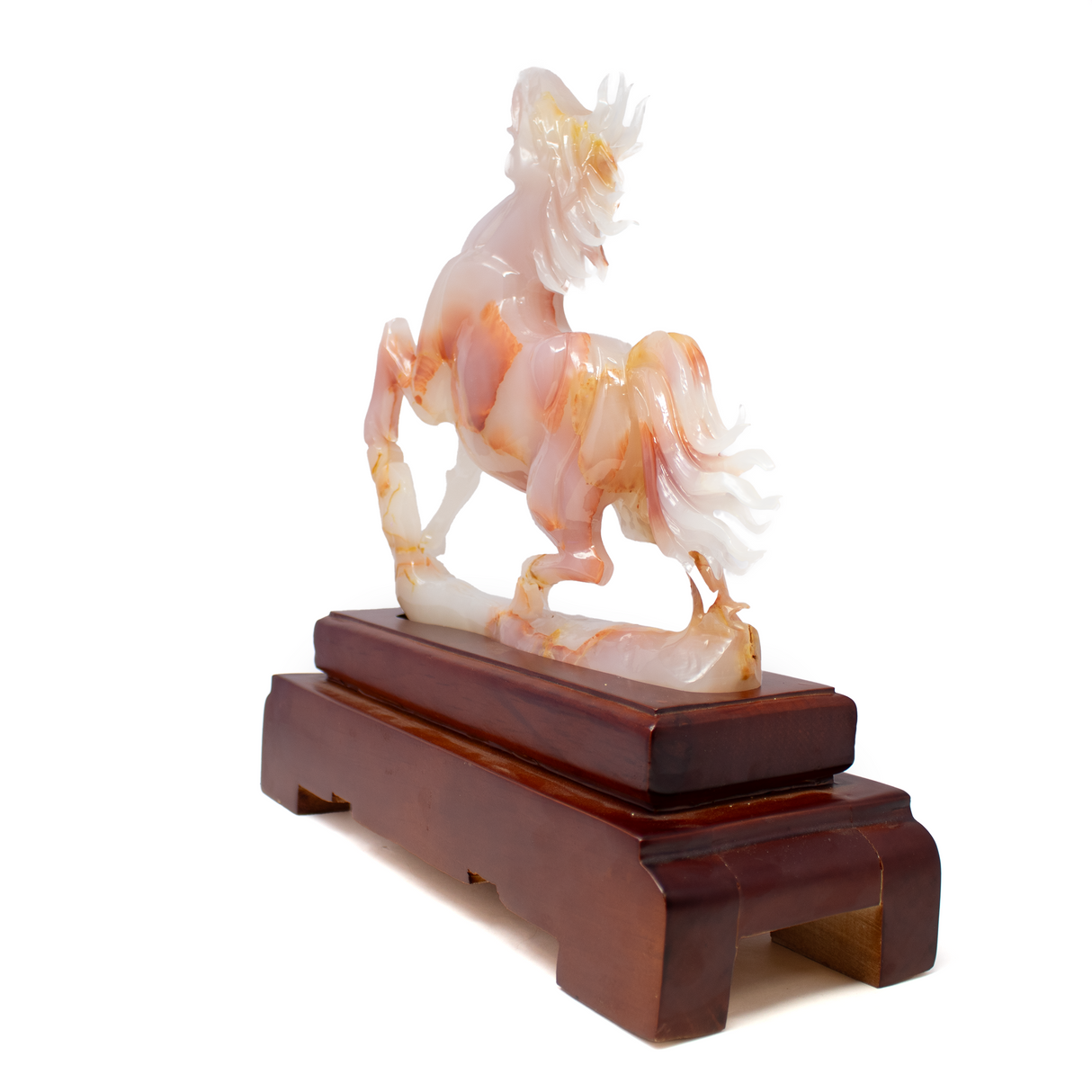 A++ Red Onyx Horse Carving on Wooden Base from China