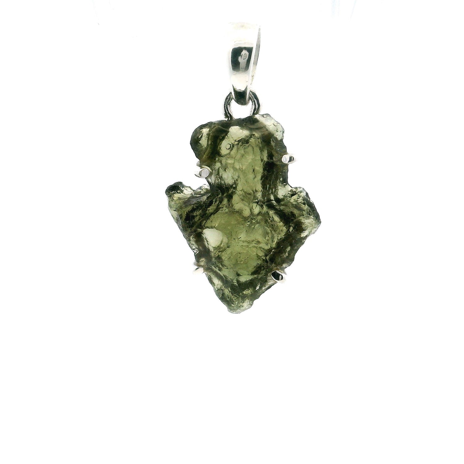 View of Moldavite Pendant - Arrowhead Freeform Prong Set in 925 Sterling Silver