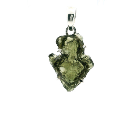 View of Moldavite Pendant - Arrowhead Freeform Prong Set in 925 Sterling Silver