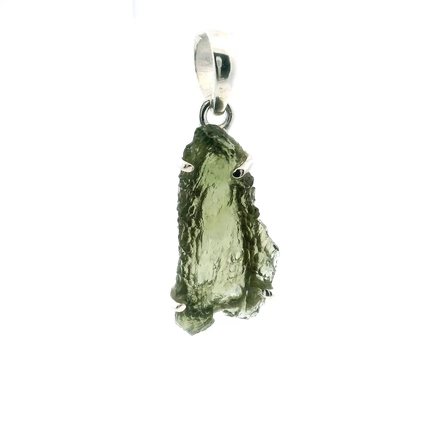 View of Moldavite Pendant - Face Profile Freeform Prong Set in 925 Sterling Silver