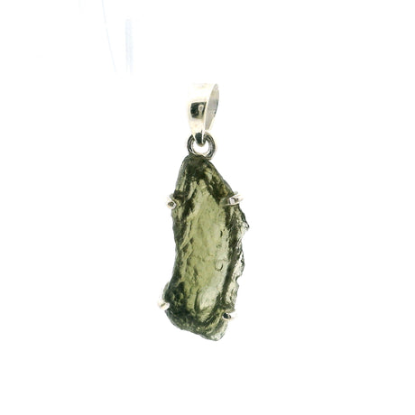 View of Moldavite Pendant - Pointed Rectangle Freeform Prong Set in 925 Sterling Silver