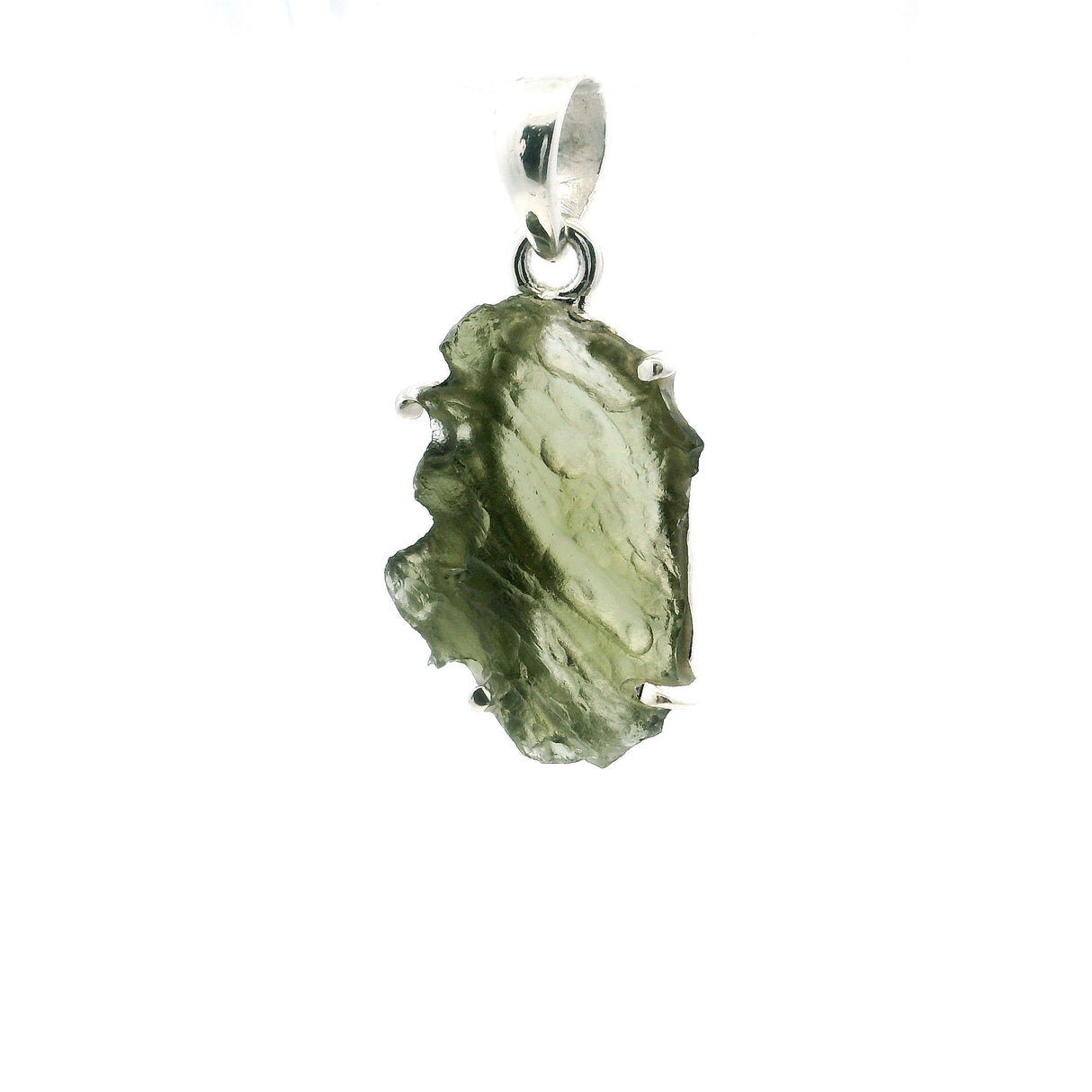 View of Moldavite Pendant - Rectangular Freeform with Diagonal Striations Prong Set in 925 Sterling Silver