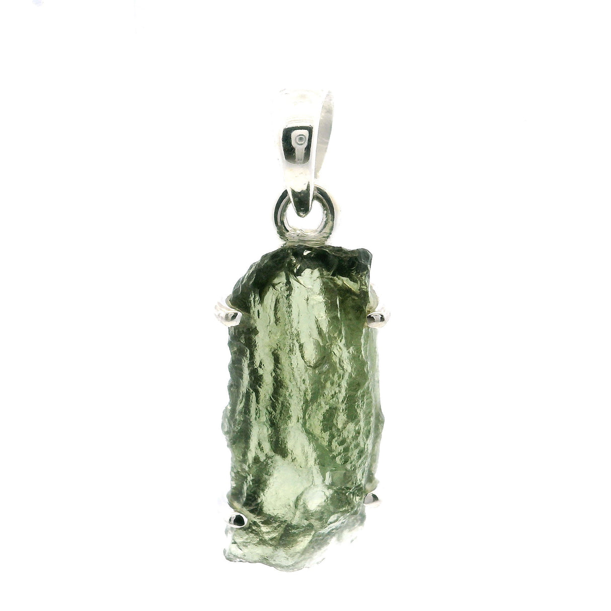 View of Moldavite Pendant - Rounded Rectangle Freeform Prong Set in 925 Sterling Silver