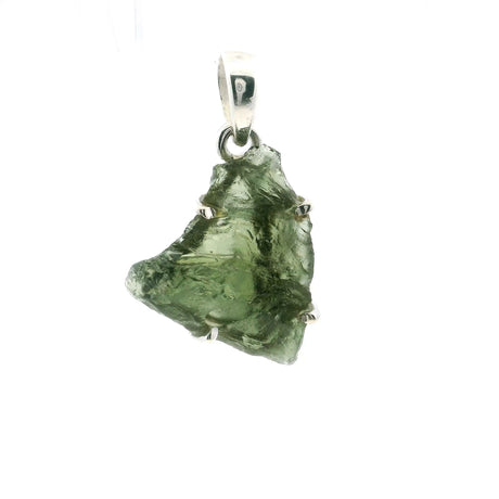 View of Moldavite Pendant - Shark Fin Freeform Prong Set in 925 Sterling Silver