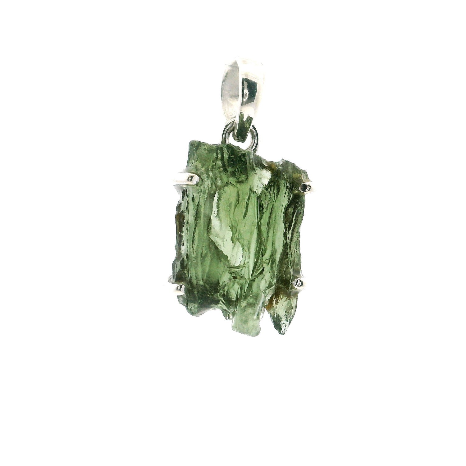 View of Moldavite Pendant - Square Freeform with Deep Vertical Striations Prong Set in 925 Sterling Silver