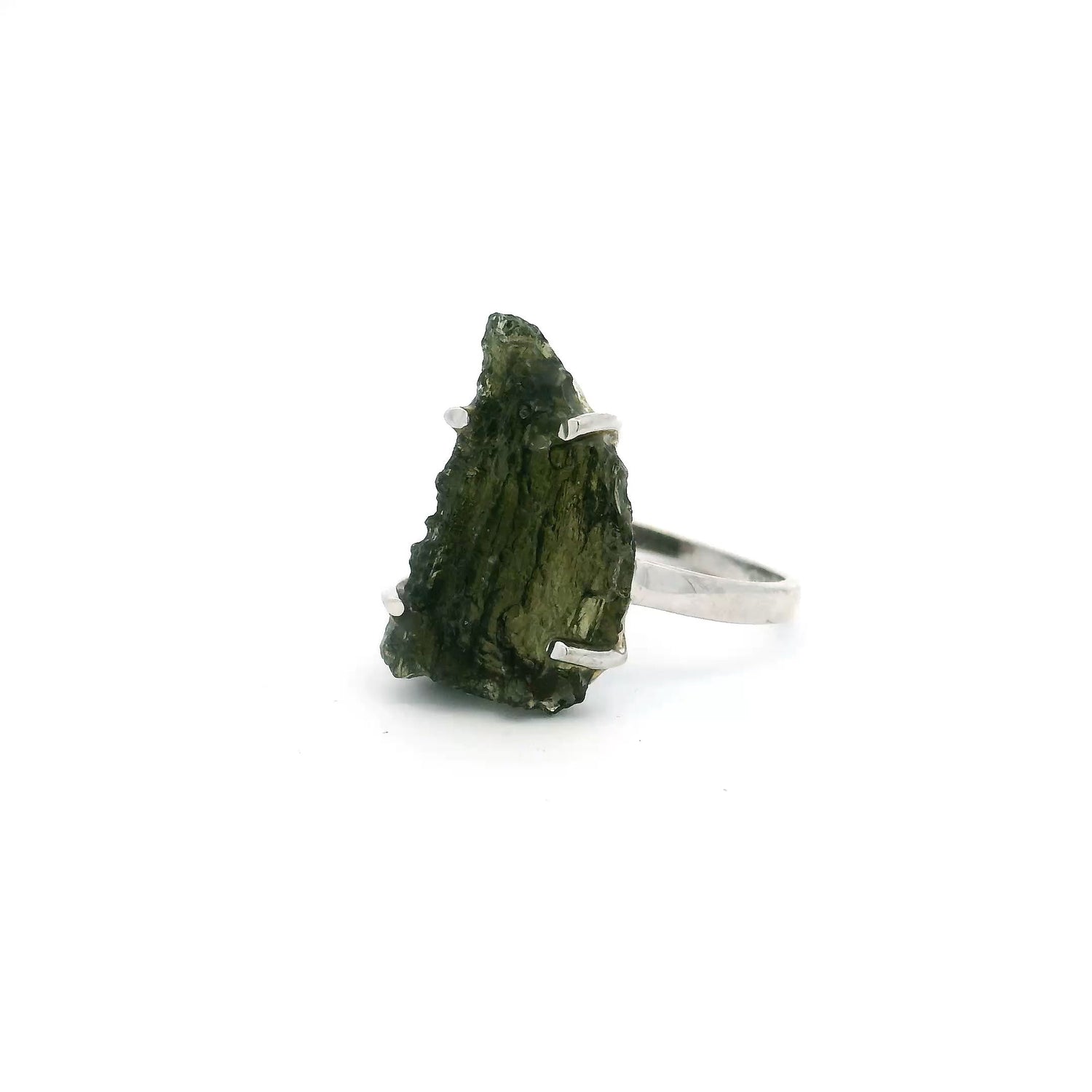 View of Moldavite Ring - Arizona Shaped Freeform Prong Set in 925 Sterling Silver sz6