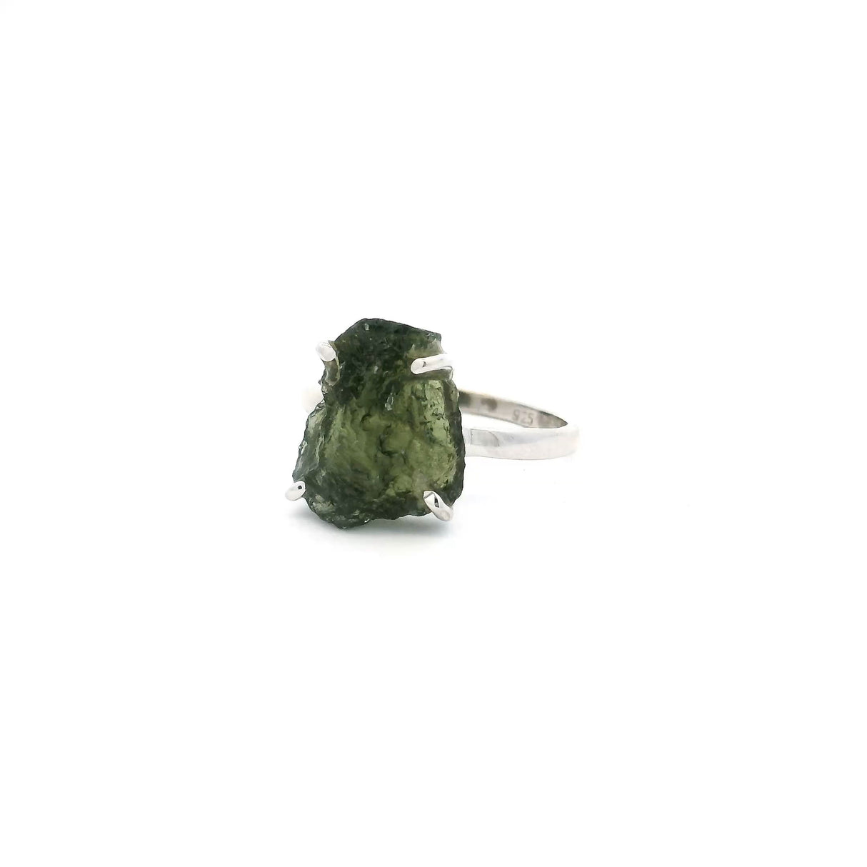 View of Moldavite Ring - Trapezoidal Freeform Prong Set in 925 Sterling Silver sz7