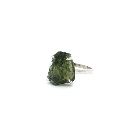 View of Moldavite Ring - Trapezoidal Freeform Prong Set in 925 Sterling Silver sz7