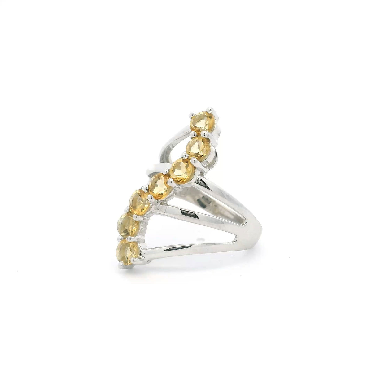 Citrine Ring - 7 Faceted Rounds in S-Shaped Design on Triple Band Prong Set in 925 Sterling Silver sz9