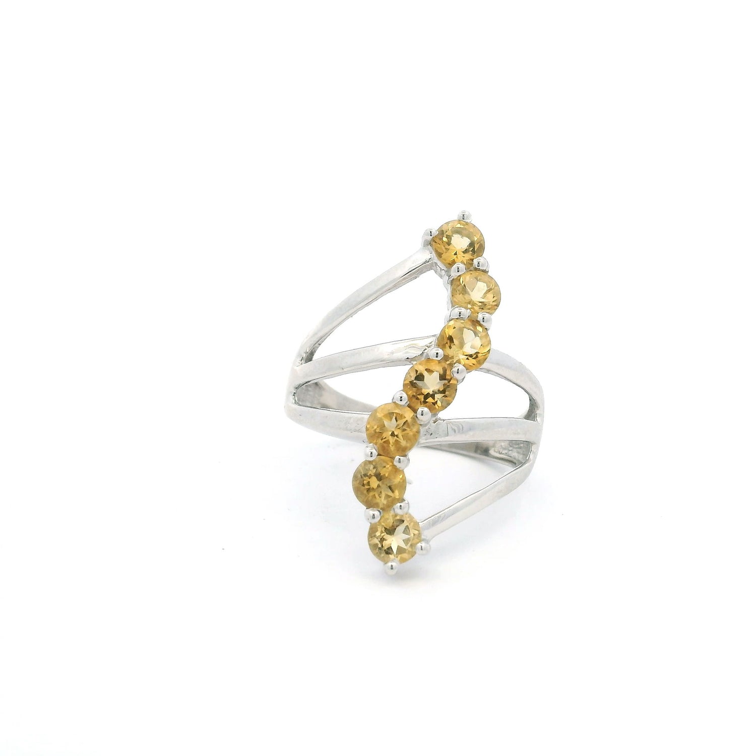 View of Citrine Ring - 7 Faceted Rounds in S-Shaped Design on Triple Band Prong Set in 925 Sterling Silver sz9