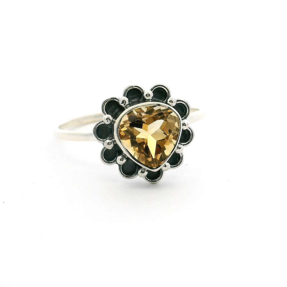 View of Citrine Ring - Faceted Rounded Triangle with Triangular Flower Design Bezel Set in 925 Sterling Silver sz10