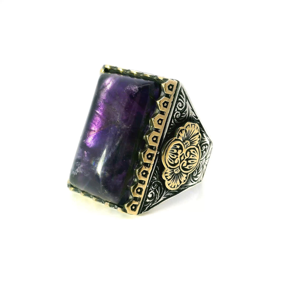 View of Amethyst Ring - Rectangle Pillow Cabochon in Designer Sawtooth Setting with Swirl & Flower Details in Gold Vermeil with 925 Sterling Silver sz12