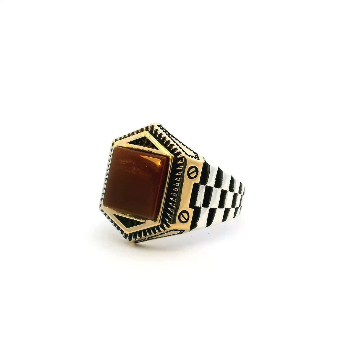 View of Carnelian Ring - Square Cabochon Bezel Set in Gold Vermeil Hexagonal Setting with 925 Sterling Silver Watch-Like Band sz10.5