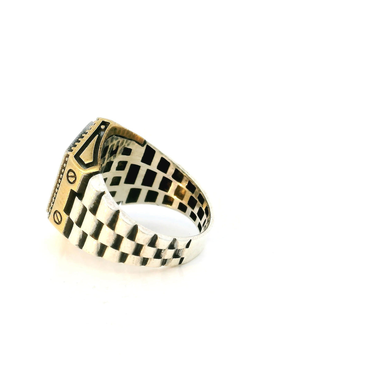 Garnet Ring - 10 Faceted Garnet Round Nanostones Set in Gold Vermeil Hexagon on 925 Sterling Silver Watch-Like Band sz8.75