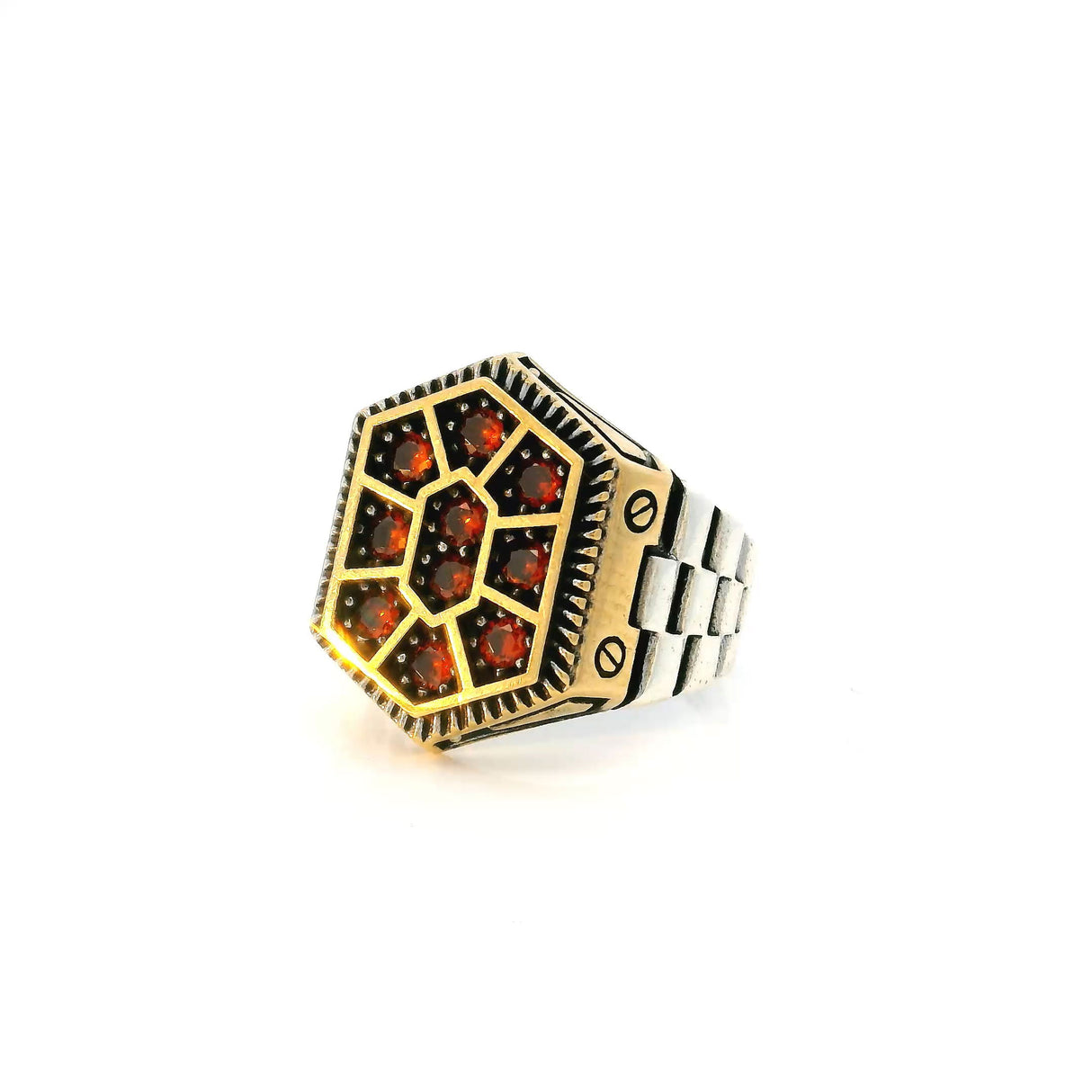 View of Garnet Ring - 10 Faceted Garnet Round Nanostones Set in Gold Vermeil Hexagon on 925 Sterling Silver Watch-Like Band sz8.75