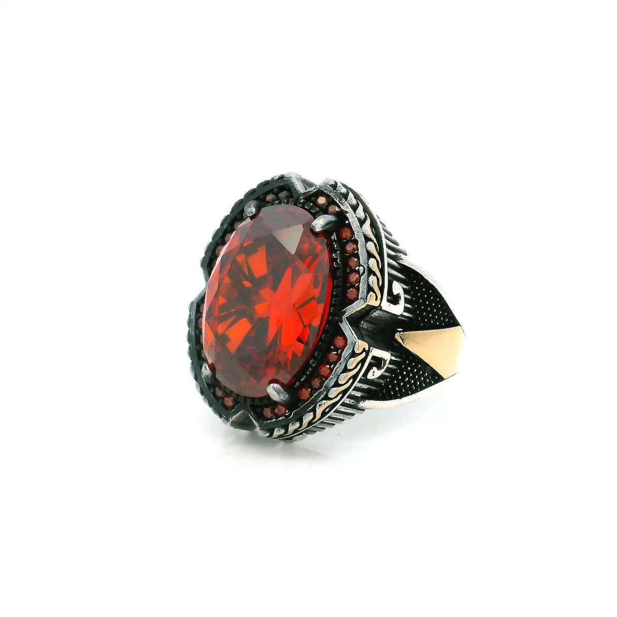View of Garnet Ring - Faceted Oval with Pave Red CZs & Triangular Notches Prong Set in 925 Sterling Silver with Gold Vermeil Rope Accent sz10.5