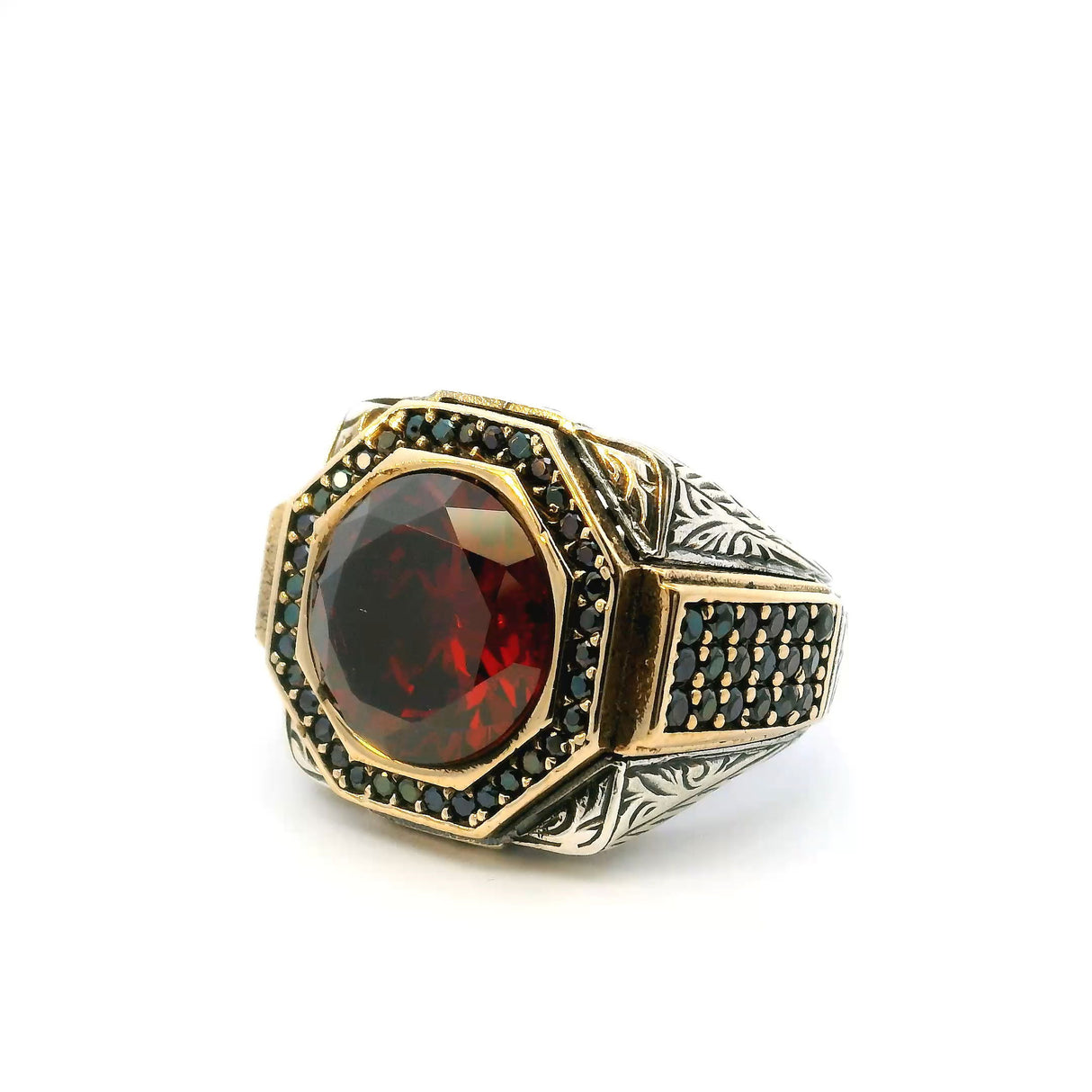 View of Garnet Ring - Faceted Round Bezel Set with Single Row Pave Black Nanostones in Hexagon & Black Nanostones on Both Sides of Band in Gold Vermeil over 925 Sterling Silver sz12