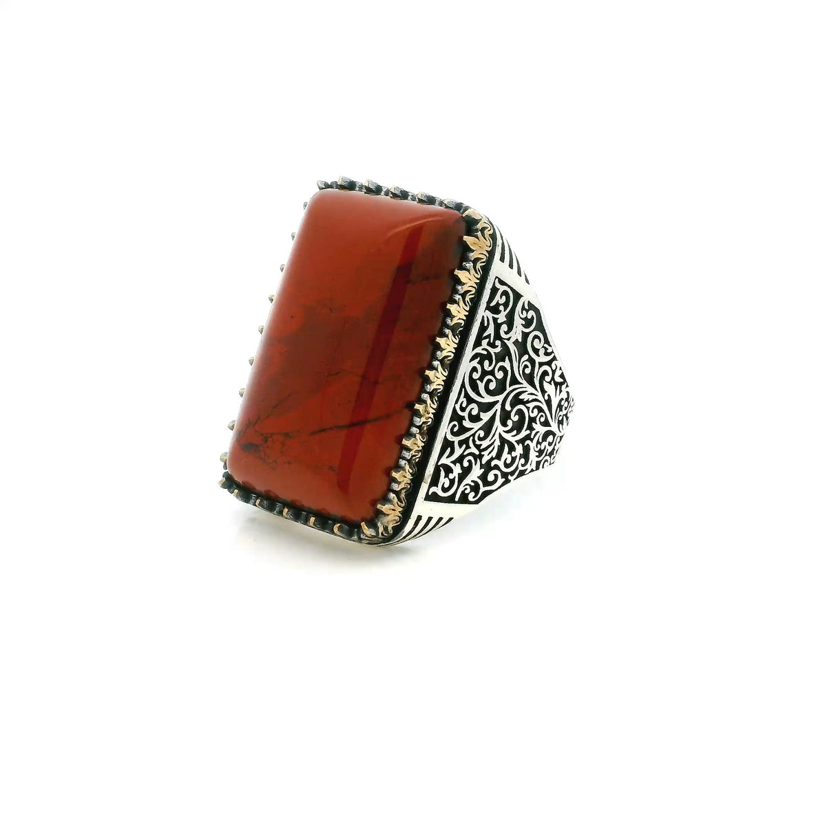 View of Red Jasper Ring - Rectangle Pillow Cabochon in Designer Sawtooth Setting with Vine Details in 925 Sterling Silver with Gold Vermeil Accents sz10.5
