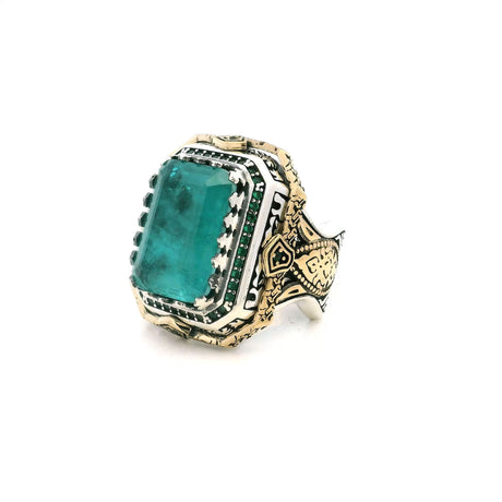 View of Tourmaline Quartz Doublet Ring - Faceted Rectangle in Designer Sawtooth Setting with Single Row Pave Green Nanostones & Gold Vermeil Pear Accents in 925 Sterling Silver sz10