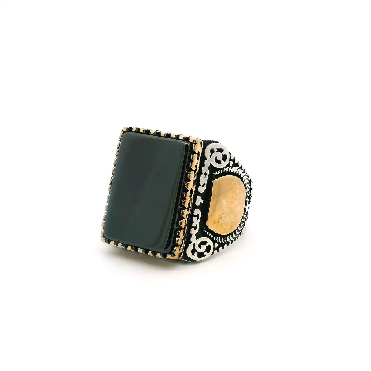 View of Hematite Ring - Rectangle Flat in Designer Sawtooth Setting with Gold Vermeil Moon Details in 925 Sterling Silver sz10