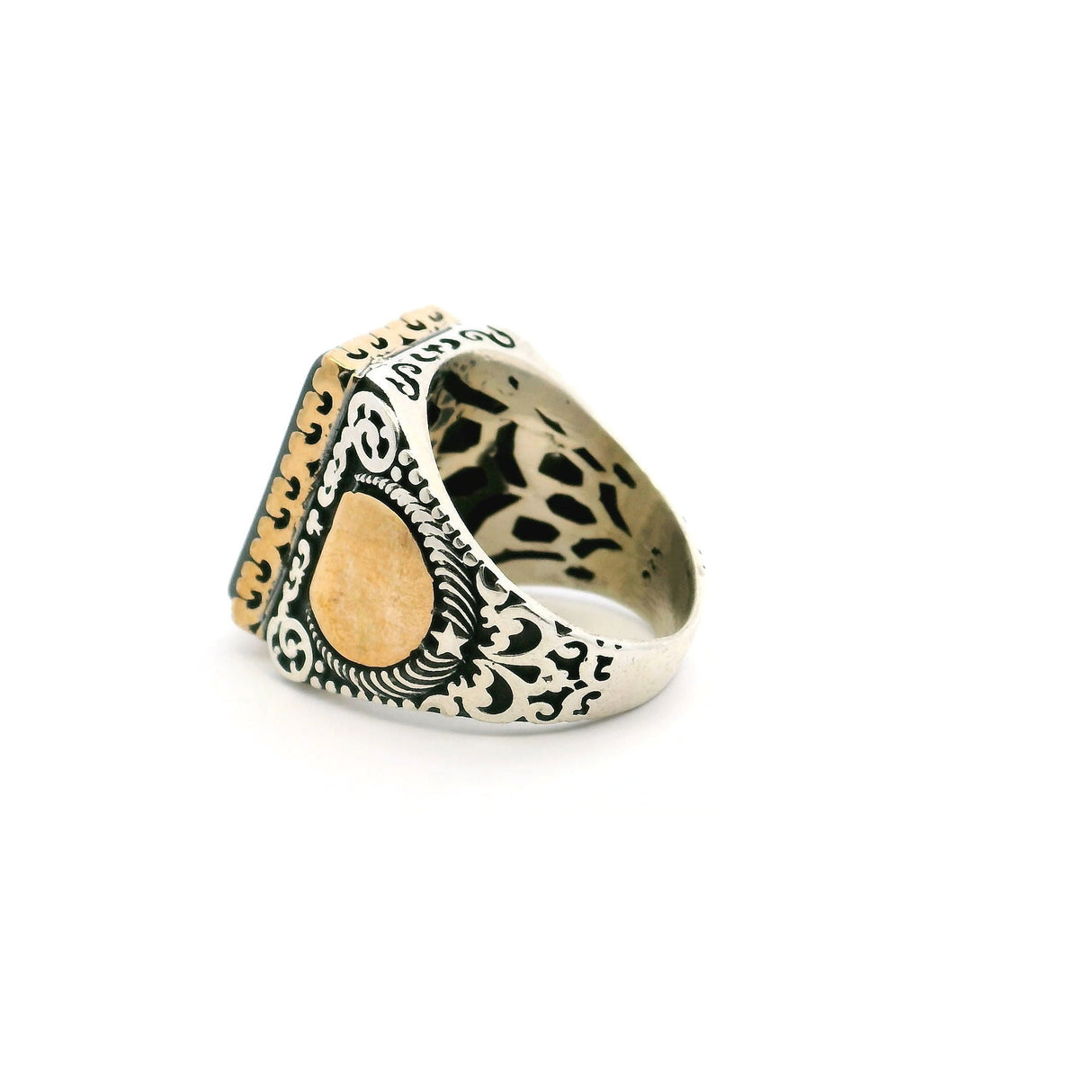 Hematite Ring - Rectangle Flat in Designer Sawtooth Setting with Gold Vermeil Moon Details in 925 Sterling Silver sz10