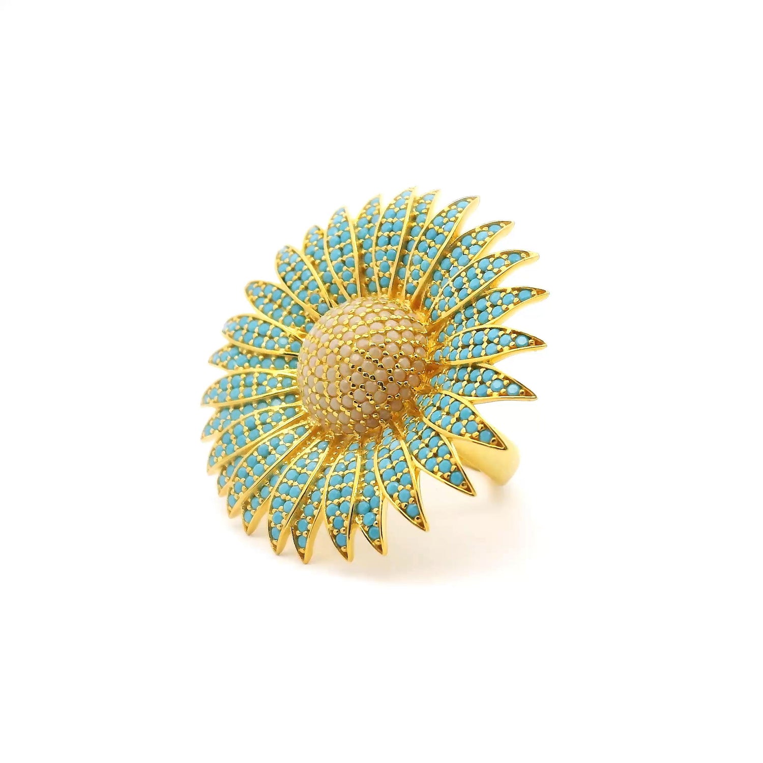 View of Nanostone Sunflower Ring - Turquoise & Peach Nanostones in Gold Vermeil with 925 Sterling Silver sz6