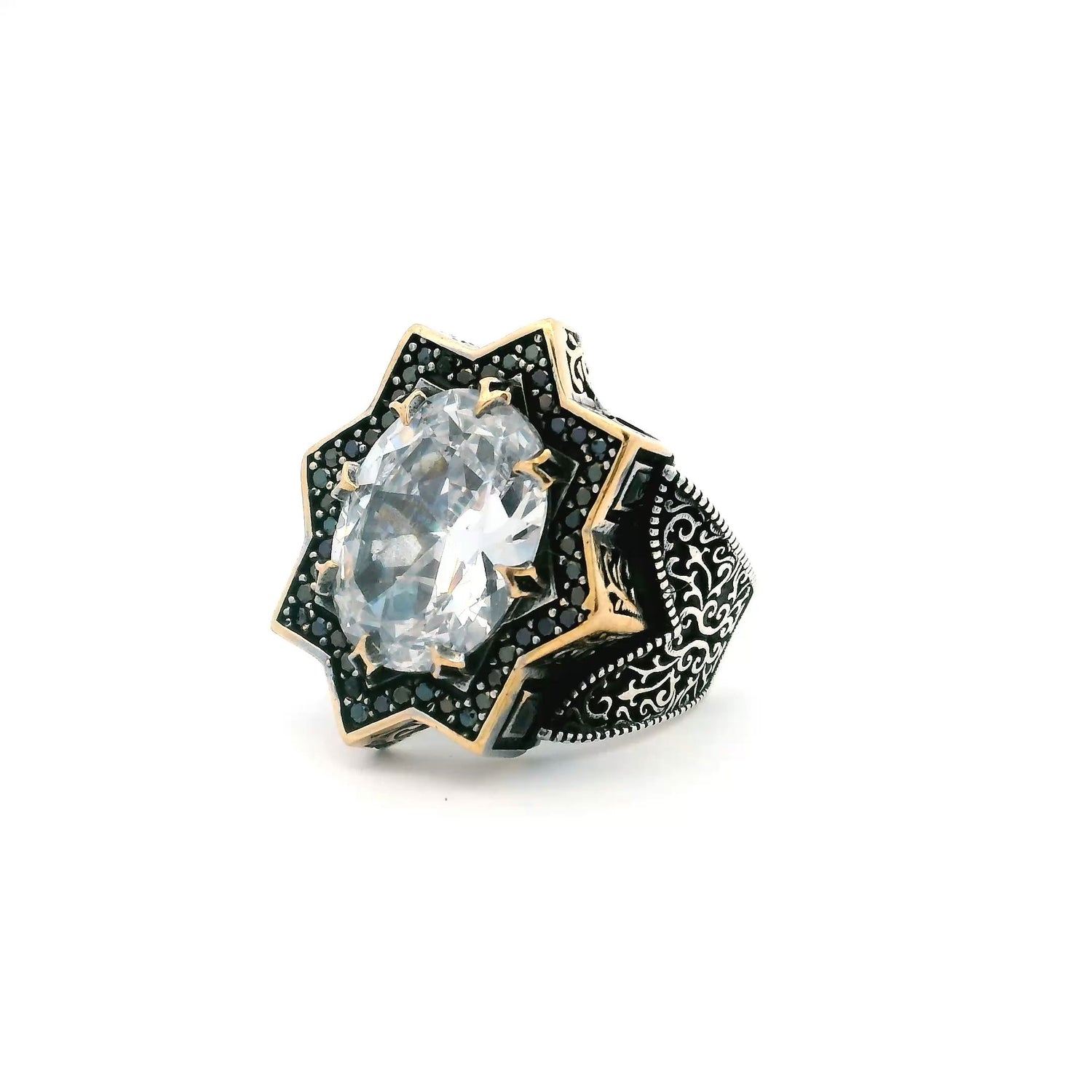 View of Quartz Ring - Faceted Oval Prong Set in Star Design with Single Row Pave Black Nanostones & Side Swirl & Bead Details in Gold Vermeil with 925 Sterling Silver sz10.75