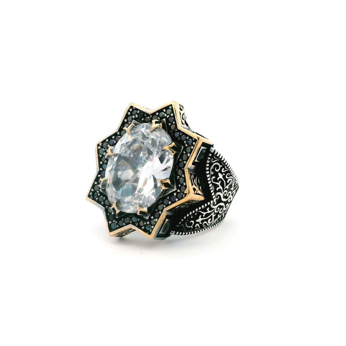 View of Quartz Ring - Faceted Oval Prong Set in Star Design with Single Row Pave Black Nanostones & Side Swirl & Bead Details in Gold Vermeil with 925 Sterling Silver sz10.75