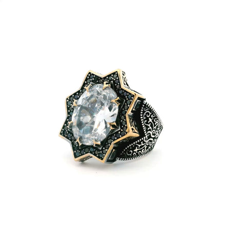 View of Quartz Ring - Faceted Oval Prong Set in Star Design with Single Row Pave Black Nanostones & Side Swirl & Bead Details in Gold Vermeil with 925 Sterling Silver sz10.75