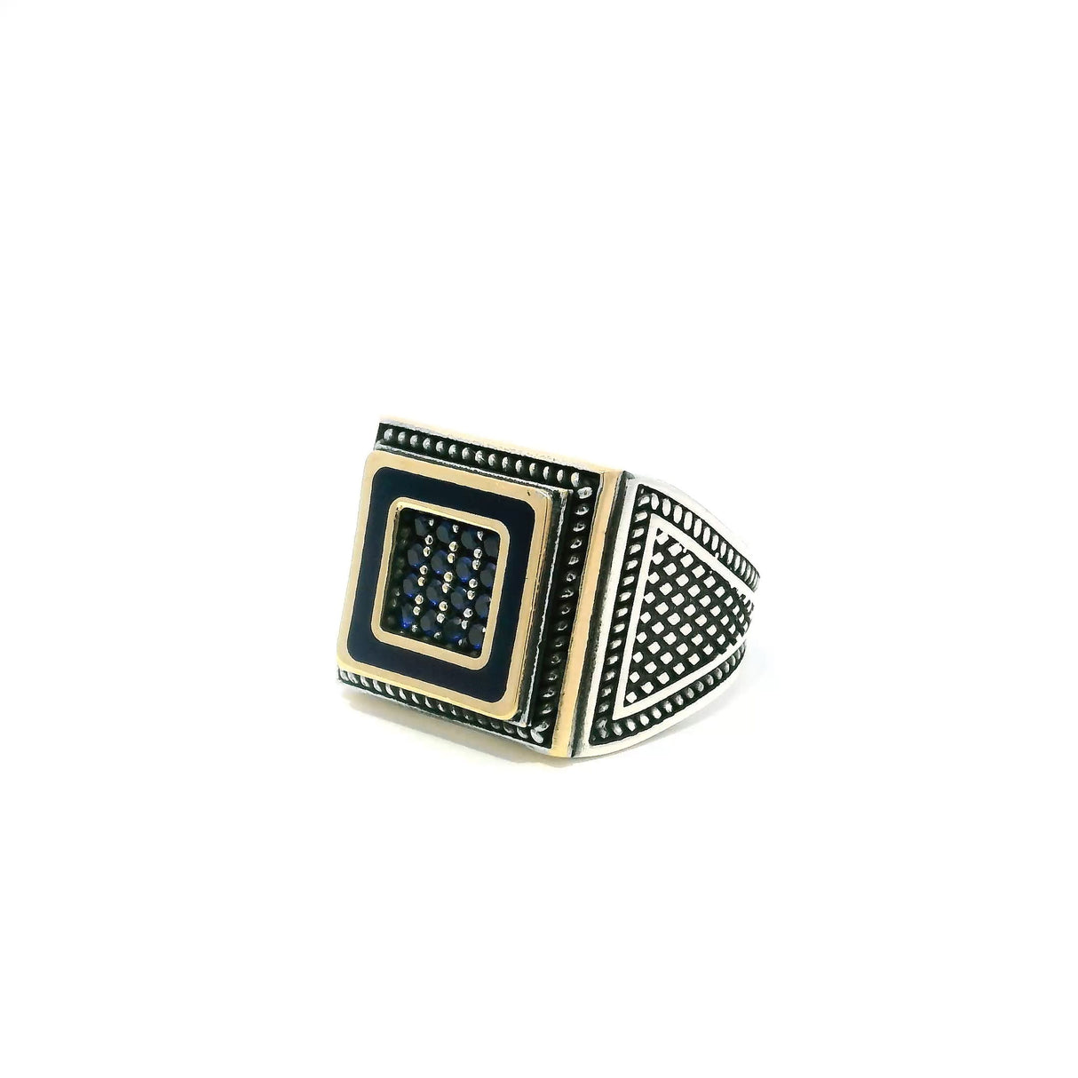 View of Sapphire Ring - 16 Faceted Sapphire Round Nanostones Set in Gold Vermeil Square with Rope Details in 925 Sterling Silver sz8.25