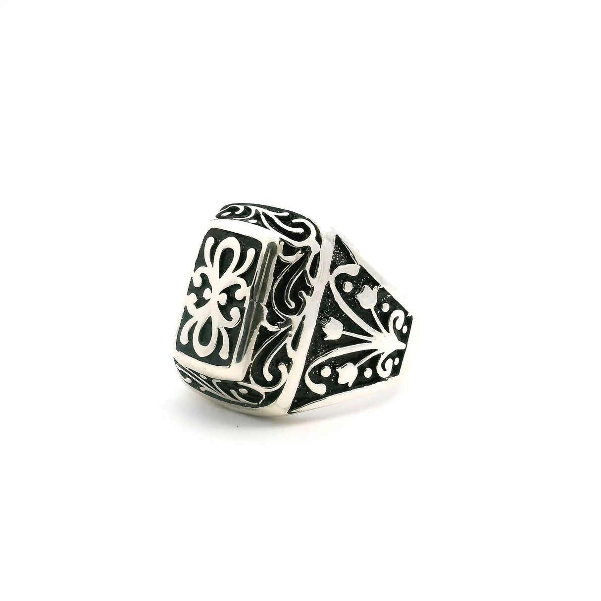 View of Sterling Silver Ring - Raised Rectangle with Swirl & Flower Detail in 925 Sterling Silver sz10.5