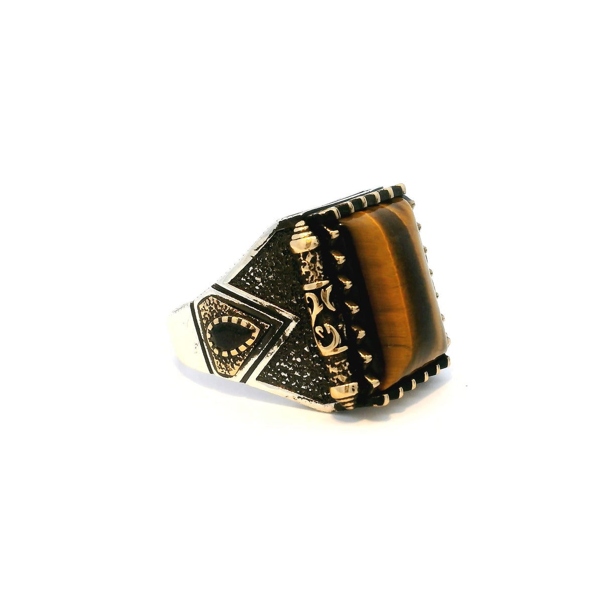 View of Tigers Eye Ring - Rectangle Pillow Cabochon in Designer Sawtooth Setting with 2 Faceted Black Side Pears & Scroll Details in Gold Vermeil with 925 Sterling Silver sz10.5