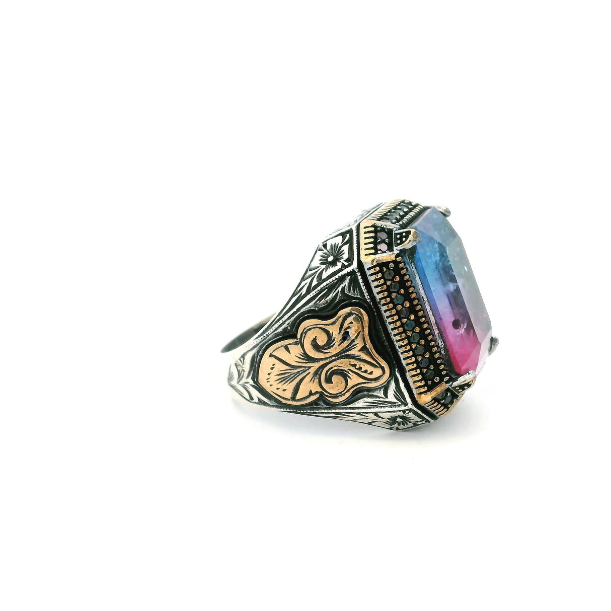 Tourmaline Doublet Ring - Faceted Blue & Pink Tourmaline Doublet with Single Row Pave Black Nanostones Prong Set in 925 Sterling Silver with Gold Vermeil Accents sz10.75