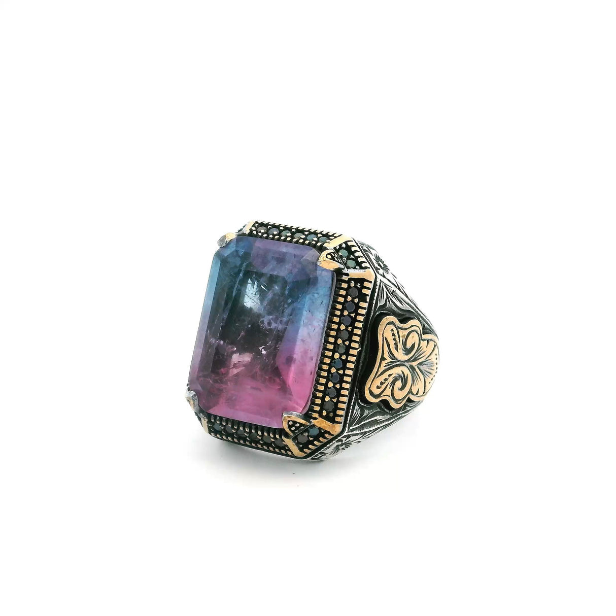 View of Tourmaline Doublet Ring - Faceted Blue & Pink Tourmaline Doublet with Single Row Pave Black Nanostones Prong Set in 925 Sterling Silver with Gold Vermeil Accents sz10.75