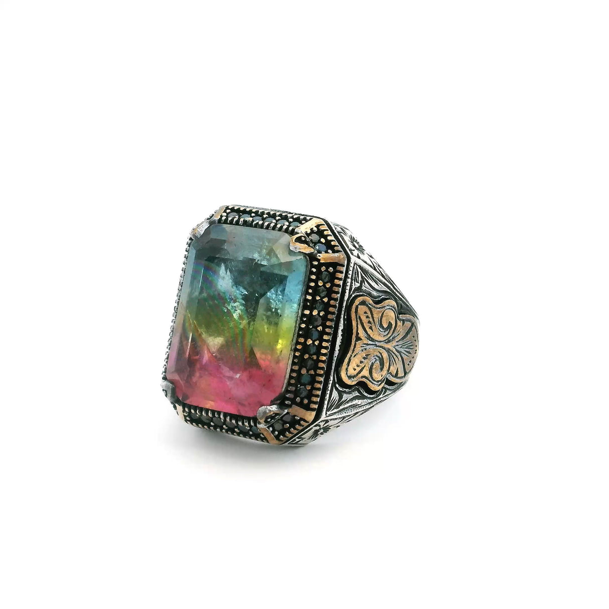 View of Tourmaline Doublet Ring - Faceted Blue Yellow & Pink Tourmaline Doublet with Single Row Pave Black Pave Nanostones Prong Set in 925 Sterling Silver with Gold Vermeil Accents sz11.75