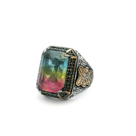 View of Tourmaline Doublet Ring - Faceted Blue Yellow & Pink Tourmaline Doublet with Single Row Pave Black Pave Nanostones Prong Set in 925 Sterling Silver with Gold Vermeil Accents sz11.75