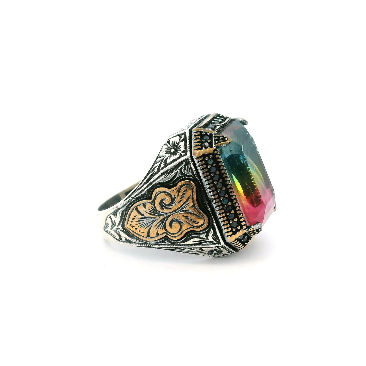 Tourmaline Doublet Ring - Faceted Blue Yellow & Pink Tourmaline Doublet with Single Row Pave Black Pave Nanostones Prong Set in 925 Sterling Silver with Gold Vermeil Accents sz11.75