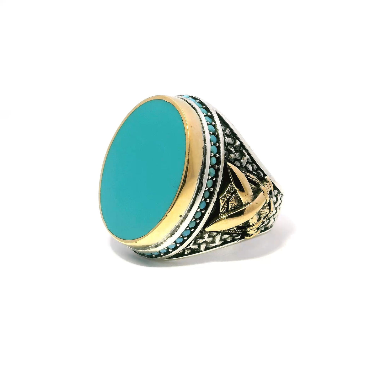 View of Aqua Chalcedony Ring -Oval Flat Bezel Set in Gold Vermeil with Single Row Pave Blue Nanostones & Crossed Sword & Shield in 925 Sterling Silver sz11