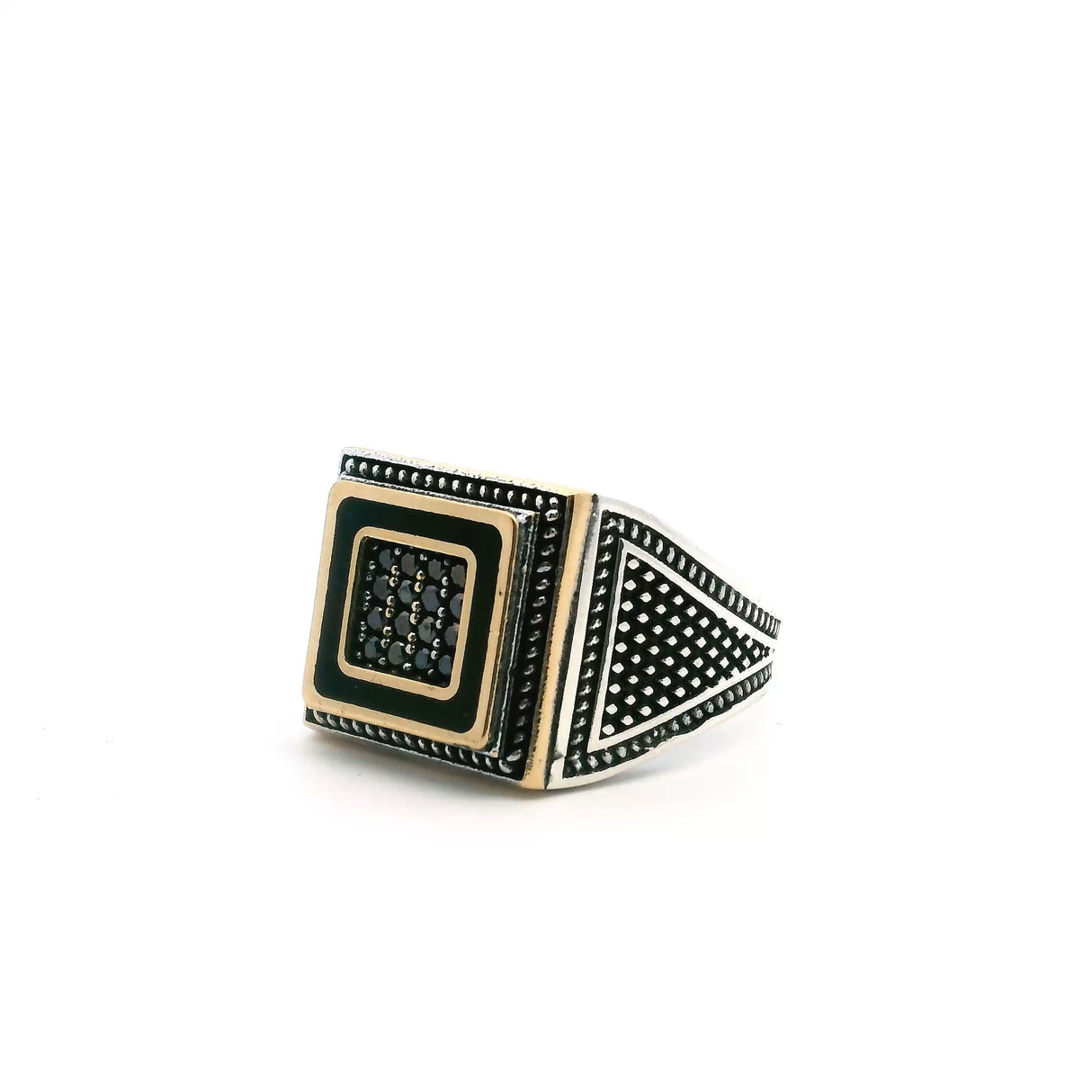 View of Black Onyx Ring - 16 Faceted Black Onyx Round Nanostones Set in Gold Vermeil Square with Rope Details in 925 Sterling Silver sz12.5