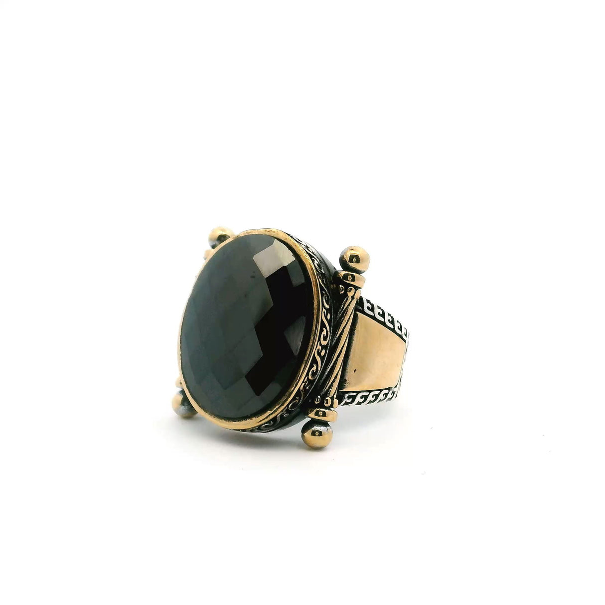 View of Black Onyx Ring - Faceted Oval Bezel Set in Gold Vermeil with Swirl Detail & Side Reverse Trapezoid in 925 Sterling Silver sz10.5